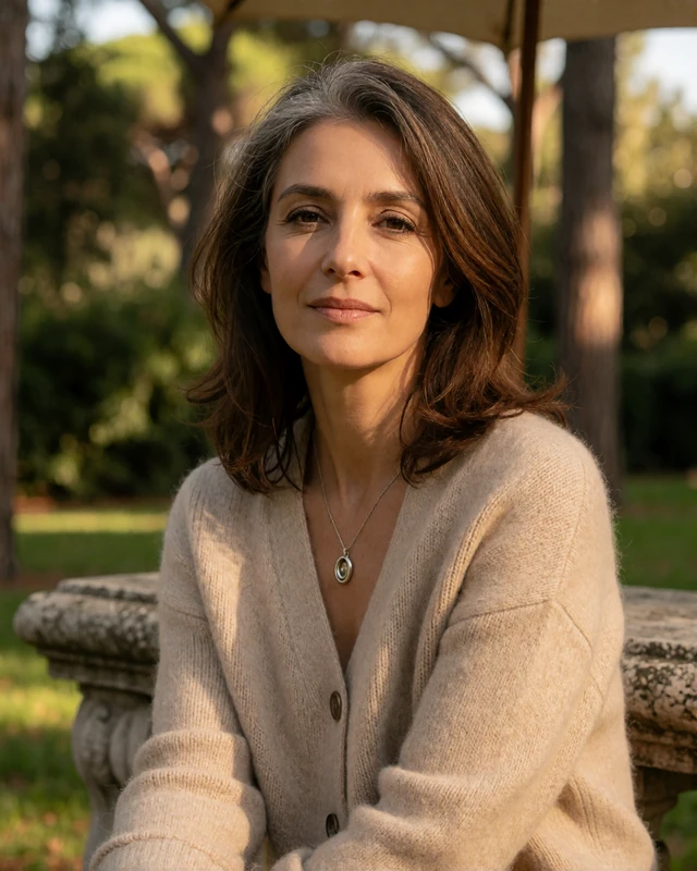 Mature Italian woman in a beige cardigan seated under pines in a Roman park, representing verified members in the wider Lazio region