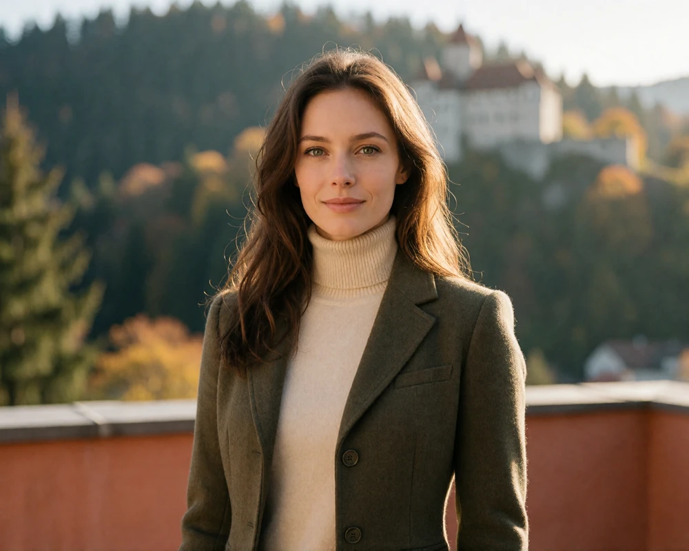 Elegant woman from Liechtenstein in a cream turtleneck outside a cultural venue in Vaduz with Alpine slopes behind her