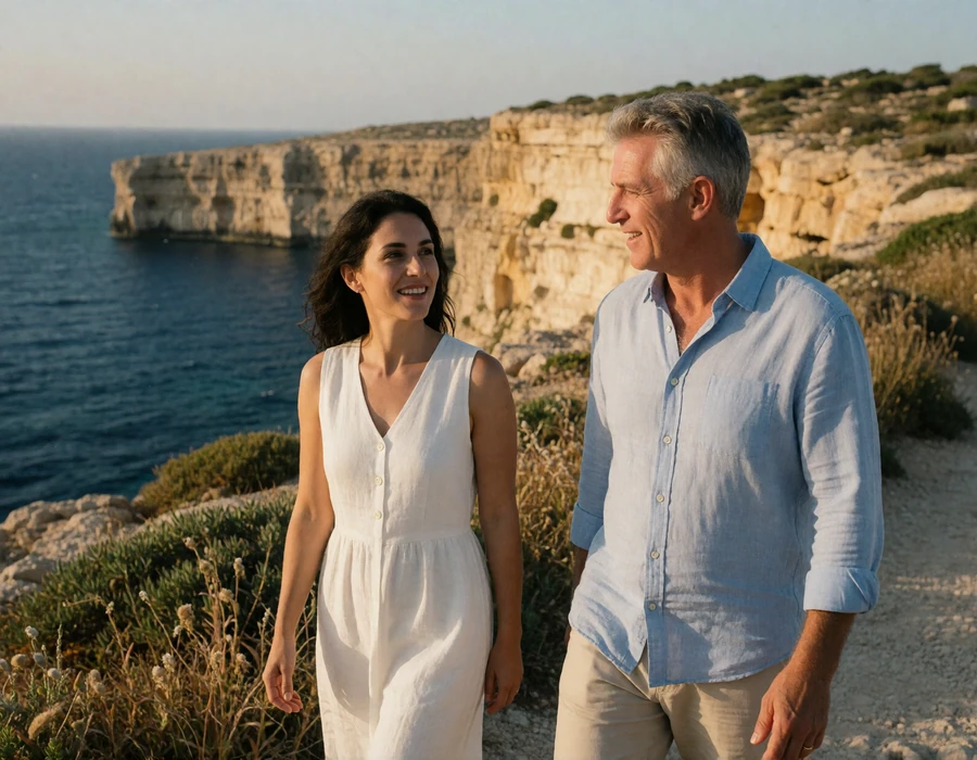 American man and his Maltese partner walking a coastal cliff path on Gozo with the Mediterranean behind them