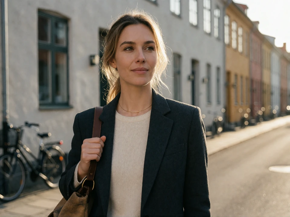 Confident European woman in a tailored blazer pausing on a Northern European city street after work at golden hour