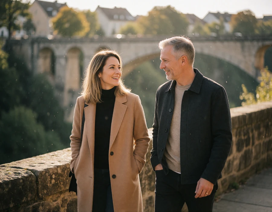 Mature couple walking a stone promenade above the Alzette valley in Luxembourg City, illustrating a Luxembourg-American relationship journey