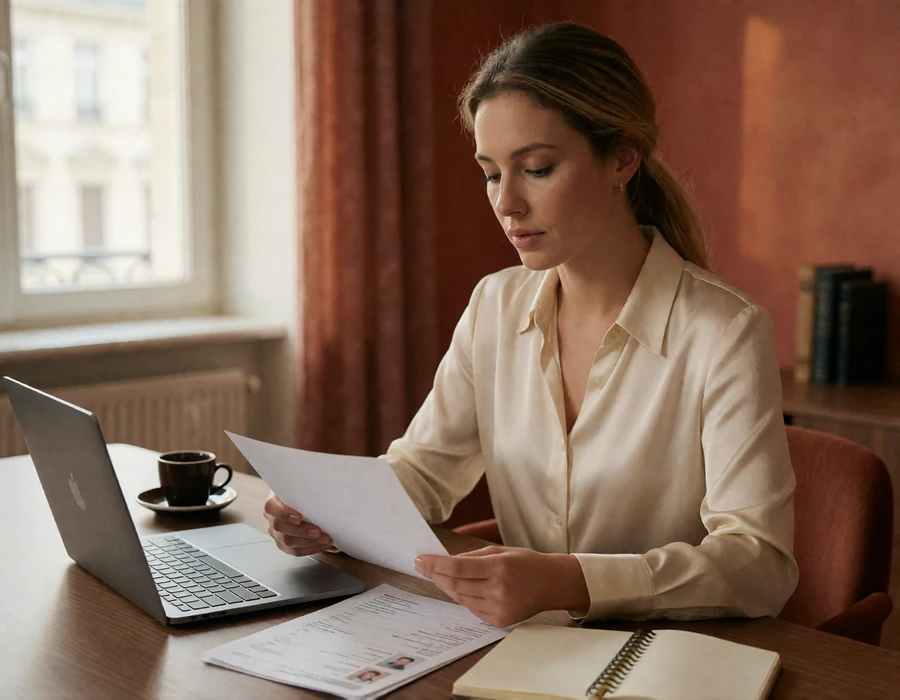 Moderation specialist checking member identity documents at a desk in a warm European office