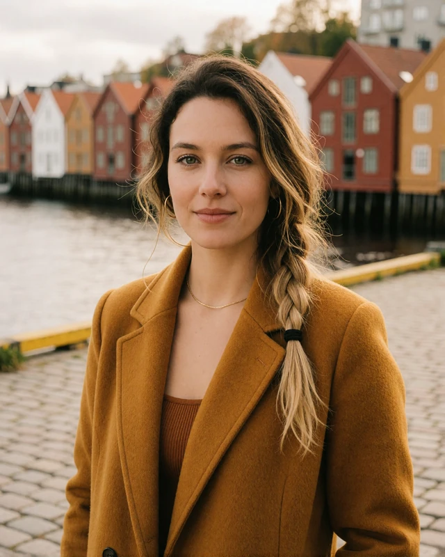 Norwegian woman in a mustard coat on a Trondheim street with wooden wharf houses, representing verified members in Trondelag