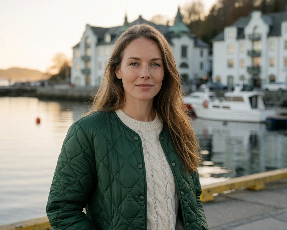 Norwegian woman in a green jacket on the harbor promenade in Alesund, representing verified Norwegian dating members
