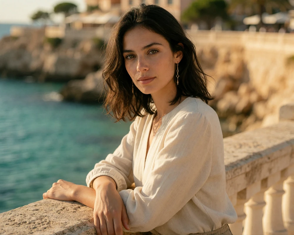 Spanish woman in a cream linen blouse on a Mediterranean coastal promenade in Spain, representing verified Spanish dating members