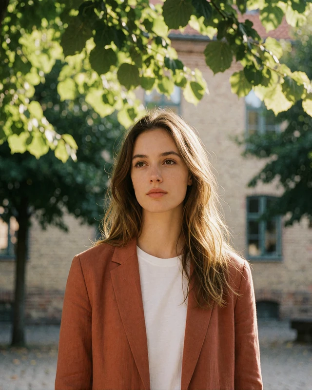 Swedish woman in a terracotta linen blazer in a leafy square in central Malmö, an example of a verified Swedish dating profile