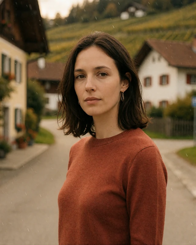Woman in a rust merino sweater on a village lane in Triesen, representing verified members in southern Liechtenstein