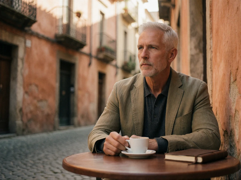 Thoughtful American man in his fifties sitting alone at a sunlit European cafe table with an espresso