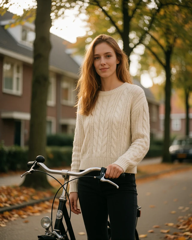 Dutch woman with a city bicycle on a tree-lined street in Groningen, representing verified members in the northern Netherlands